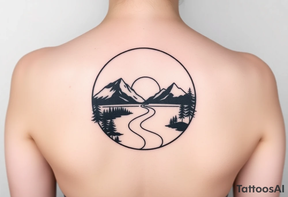 mountains. river and sunrise, let it all be inside one circle. draw a line and divide the circle into two parts, let one part be like day and the other part like night tattoo idea