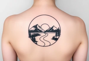 mountains. river and sunrise, let it all be inside one circle. draw a line and divide the circle into two parts, let one part be like day and the other part like night tattoo idea
