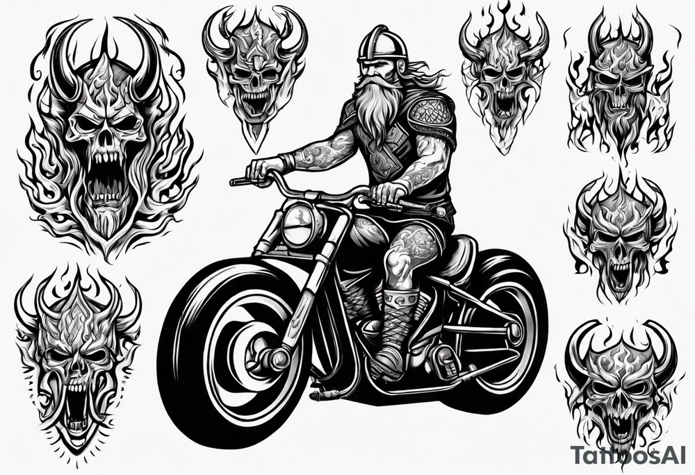 A viking riding a motorcycle with flames tattoo idea