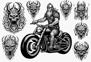 A viking riding a motorcycle with flames tattoo idea