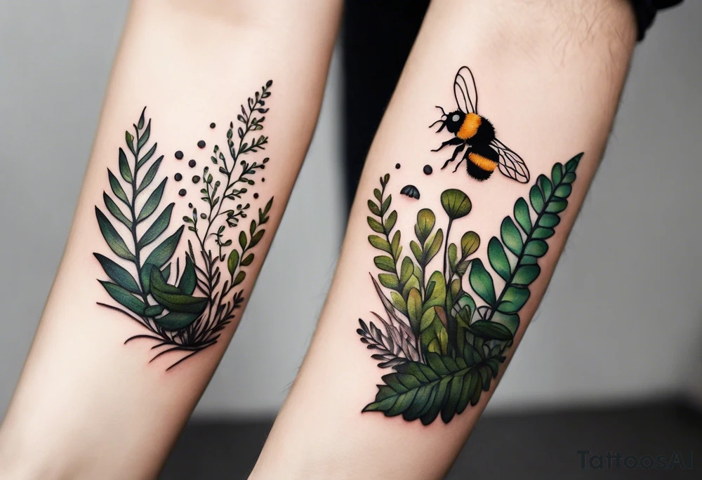 forest floor inspired minimalist tattoo, which includes grass, curly ferns, moss and dead leaves as the bulk of the tattoo. details to include: forest berries, a tiny bumblebee flying nearby, three small brown mushrooms
Generate a vertically long one tattoo idea