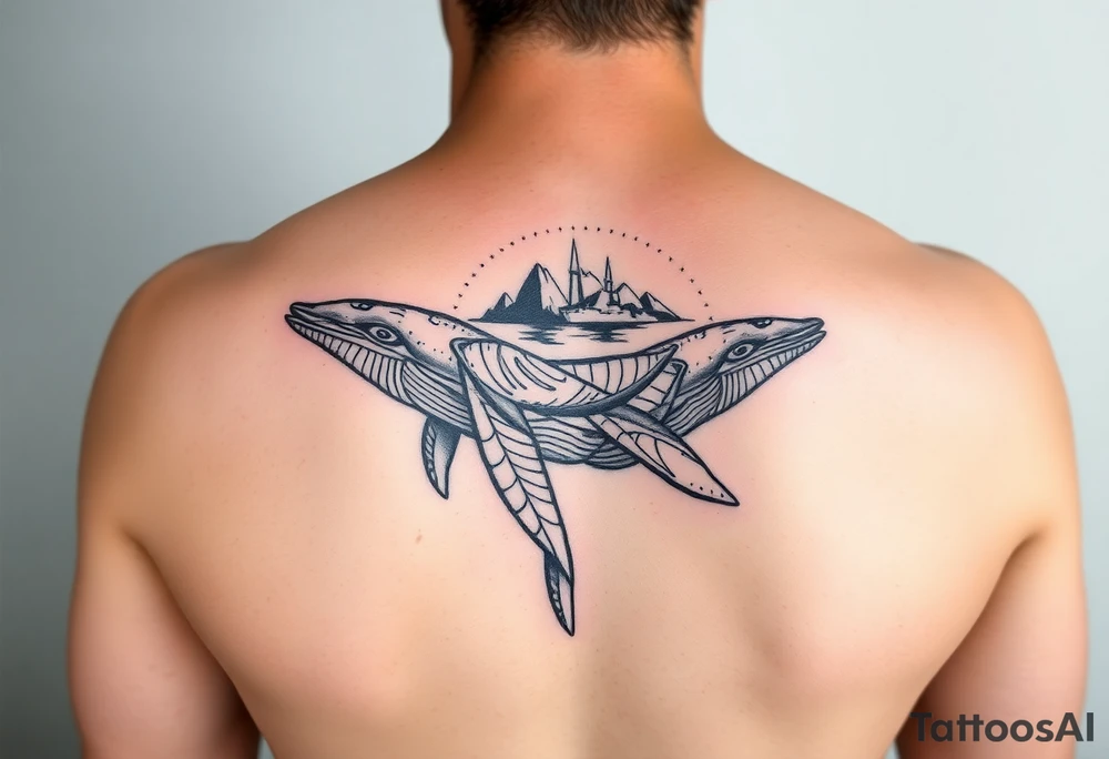 tribal whales with Rangiroa archipel on the back tattoo idea