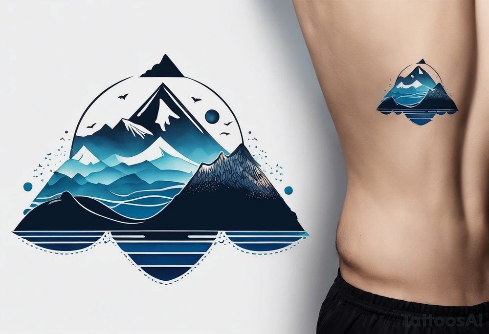 This is a minimalistic tattoo split into 2 distinct sections; a top half and a bottom half. The top half is a mountain in Norway with a windy mountain bike trail wrapping around the mountain. The bottom half of the tattoo depicts an underwater ocean scene, featuring blue water and sea life. tattoo idea