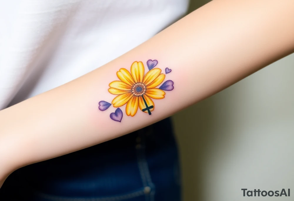 Simple yellow daisy with Purple Hearts & cross tattoo idea