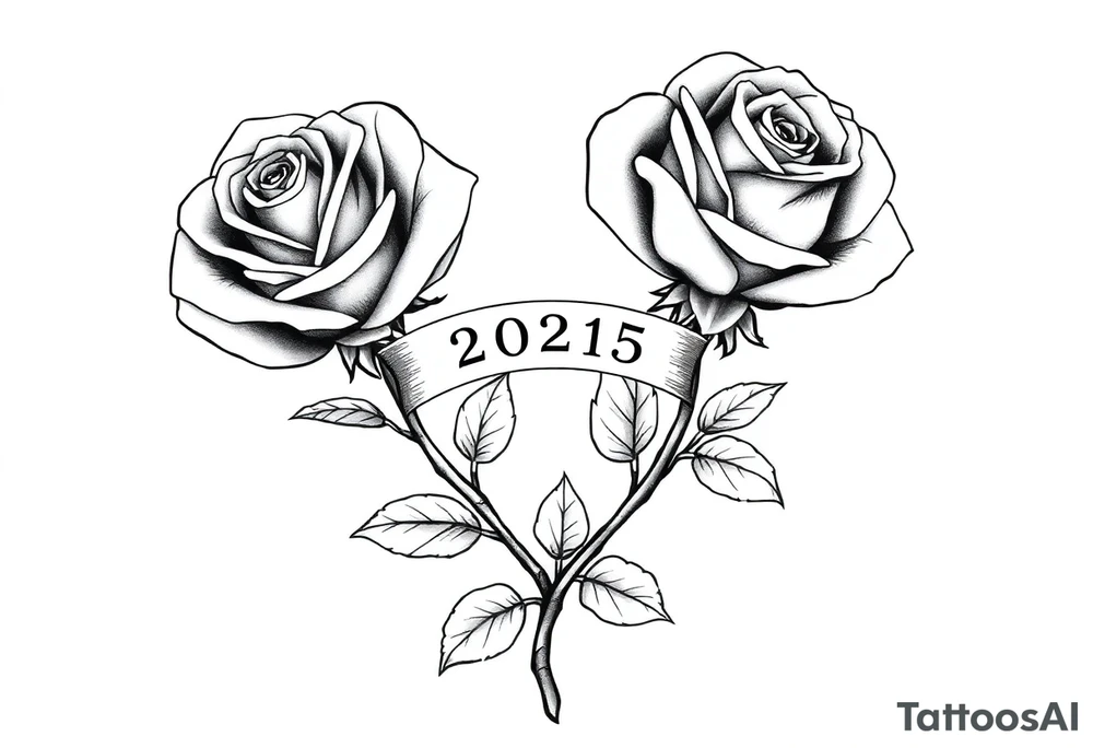 two beautiful large rose buds, one larger than the other, with many leaves and their stems intertwined, with one sitting higher than the other. Include a banner connecting the two roses with "2025" on it.  The word "Rose" written in Kanji above the drawing.  Use dark outlines with little shading. The two stems should be short, not long, and connect and join into one stem, whimsically curved or twisted - not straight down. tattoo idea