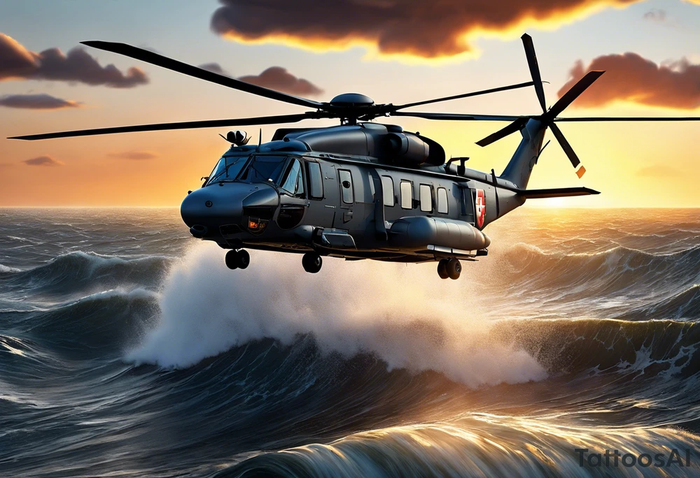 A detailed 4K drawing of a Canadian military grey CH-148 Cyclone helicopter soaring low over rough, ocean waves. The sun is setting, casting a dramatic glow on the scene. The background is highly detailed, with realistic clouds and a specular reflection of the helicopter on the water. Focus on the intricate details of the helicopter and the ruggedness of the ocean. tattoo idea
