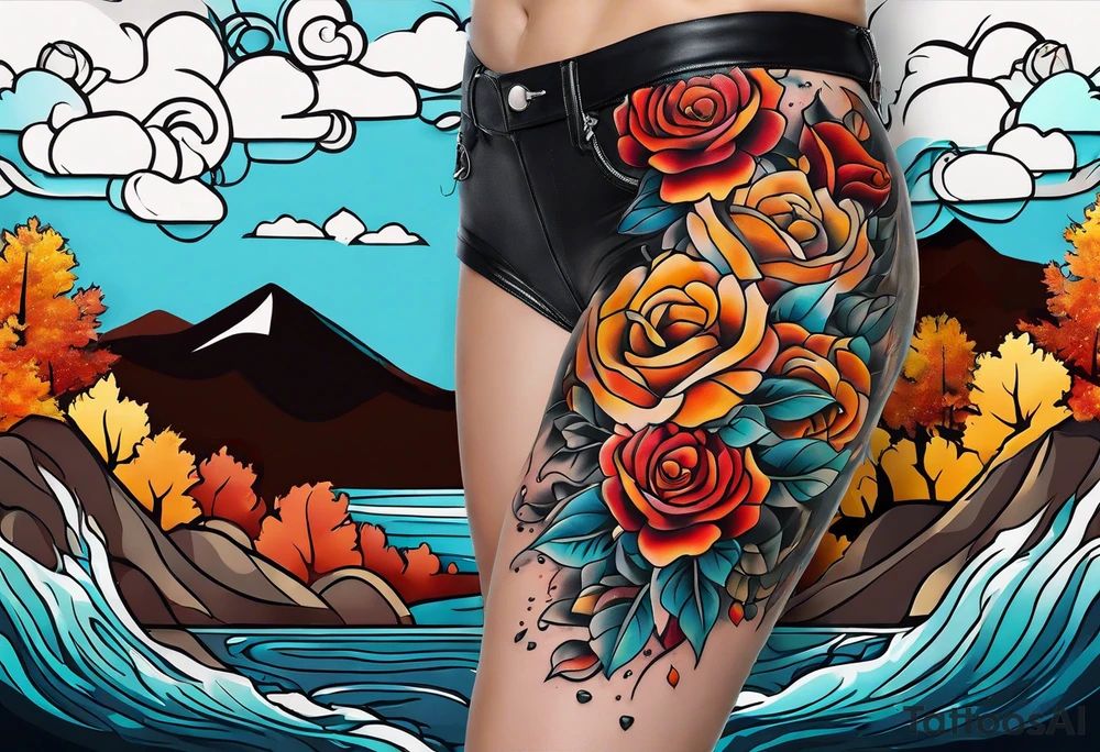 thigh tattoo in fall colors, showing, li, water flow, rocks, sky, clouds, leaves, roses and background tattoo idea