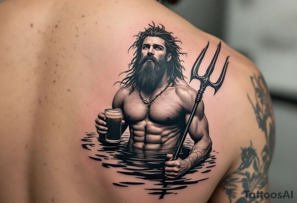 young, fit poseidon in calm water, holding a trident, holding a beer, looking at you tattoo idea