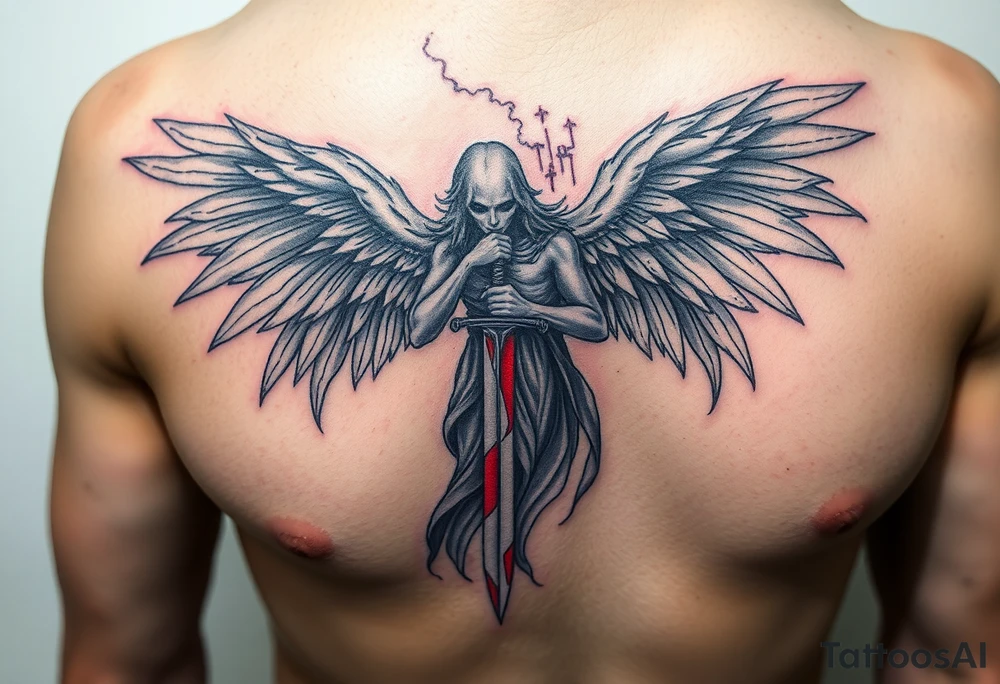 A ghostly angel figure holding a shattered sword, with faded wings in gray and deep blood red, surrounded by ghostly white mist. tattoo idea