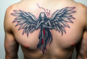 A ghostly angel figure holding a shattered sword, with faded wings in gray and deep blood red, surrounded by ghostly white mist. tattoo idea