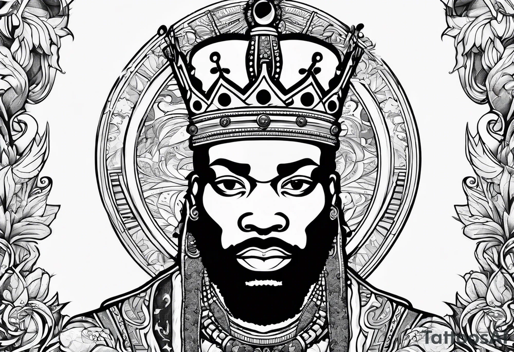 A black king surrounded by music tattoo idea
