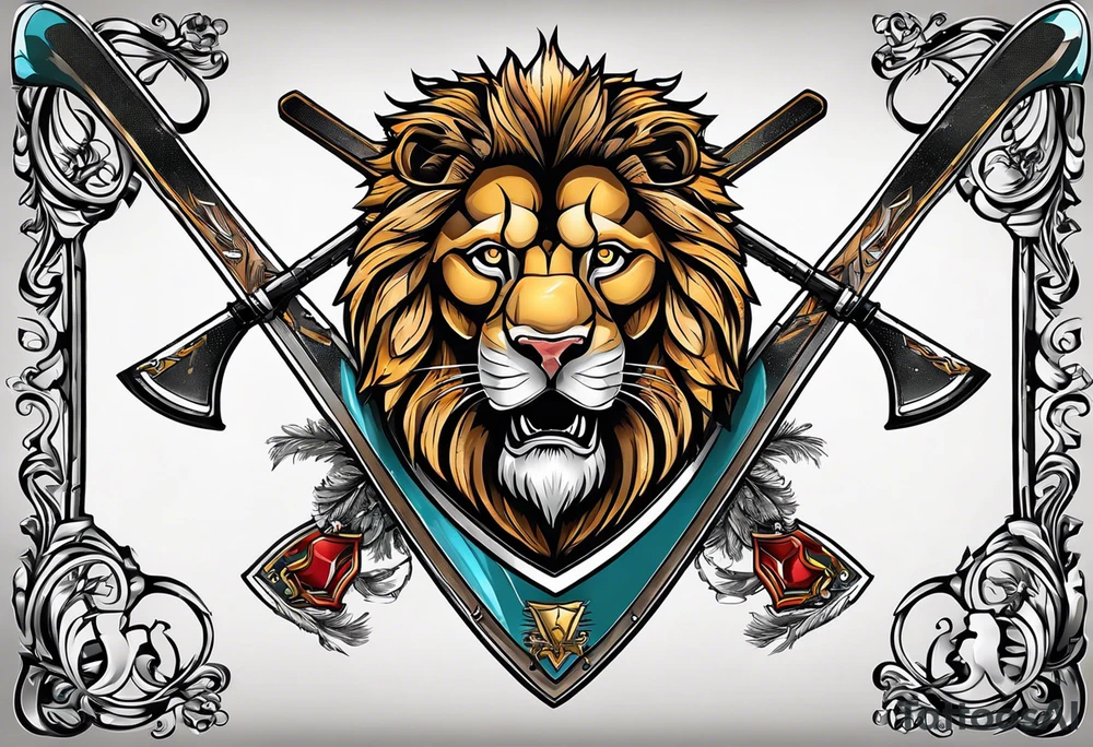 snow skis crossed like an x with a shield in front of them and a lion on the shield tattoo idea