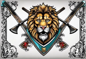 snow skis crossed like an x with a shield in front of them and a lion on the shield tattoo idea