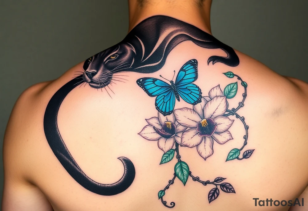 "Realistic black panther curved along ribs, Gemini constellation in eyes, monstera leaves on chest, blue morpho butterfly on orchid near collarbone, jungle vines wrapping legs – color palette: emerald, indigo, turquoise, plum – 10x7 inches" tattoo idea