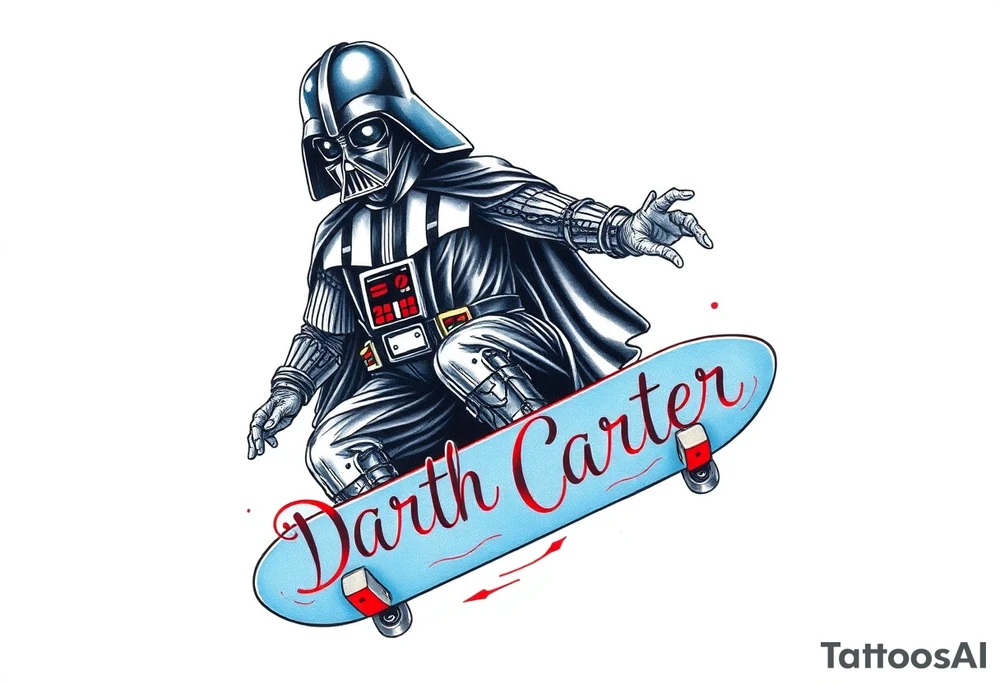 Darth Vader skateboarding >
blue & red
skateboard say "Darth Carter"
12/29/88-01/06/24 tattoo idea