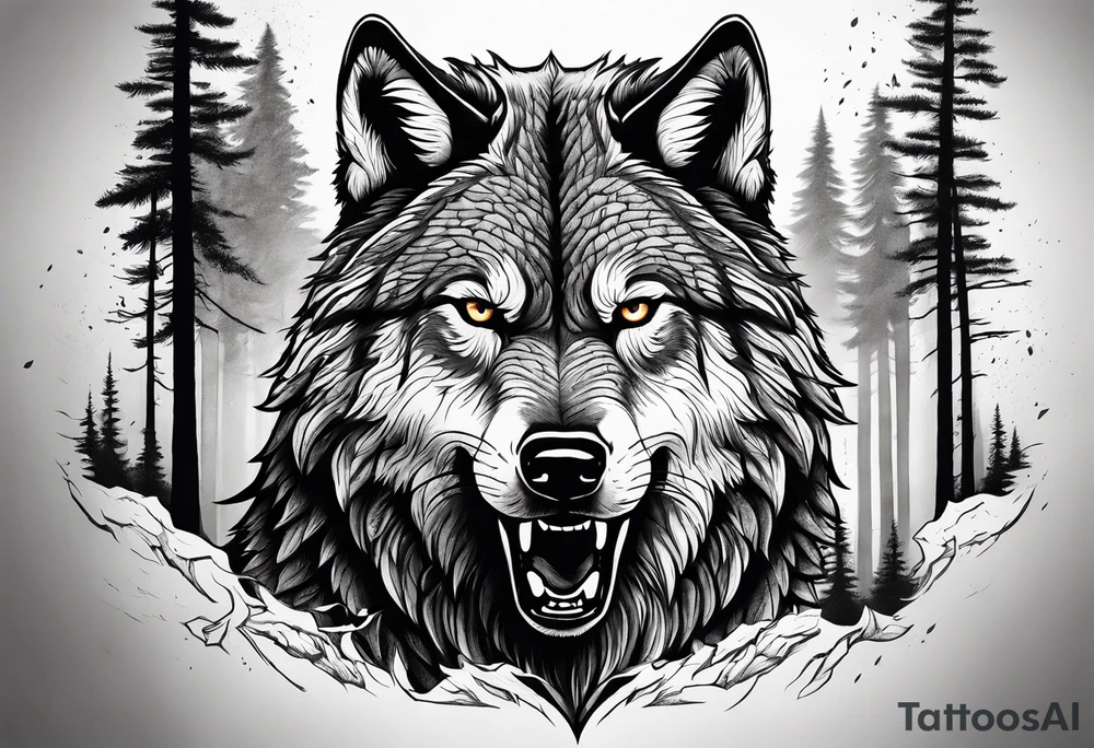 Detailed powerful angry AlphaWolf in Front of a scary forest tattoo idea