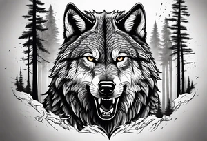 Detailed powerful angry AlphaWolf in Front of a scary forest tattoo idea