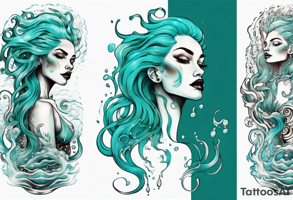 a tall woman made of water with turquoise hair surrounded by waves tattoo idea