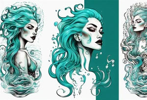 a tall woman made of water with turquoise hair surrounded by waves tattoo idea