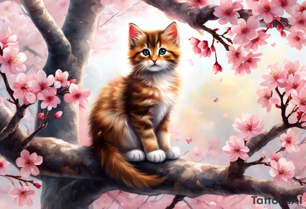 Generate a design to tatto on my biceps where a graceful pink cherry blossom tree extends vertically, occupying the full height of 15cm, with delicate blossoms scattered along its slender branches coloured with a watercolor effect. Nestled among the branches, a small, playful kitten is perched, gazing curiously outward. The kitten's fur can have intricate details, highlighting its softness and playfulness. Surrounding the kitten and the tree, some petals could be gently falling, adding a dynamic and serene feel to the design. This vertical composition would elegantly fit your biceps, creating a charming and feminine piece of art. tattoo idea
