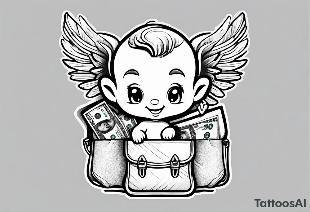 a cartoon cherub outline holding a bag of money tattoo idea