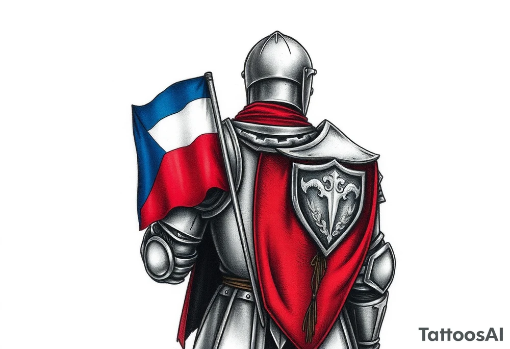 A knight in medieval armor holding a Czech flag (blue, white, red), inspired by Hussite warriors, with battle-worn silver and red tones. tattoo idea