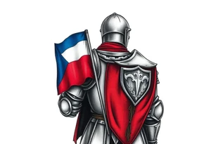 A knight in medieval armor holding a Czech flag (blue, white, red), inspired by Hussite warriors, with battle-worn silver and red tones. tattoo idea