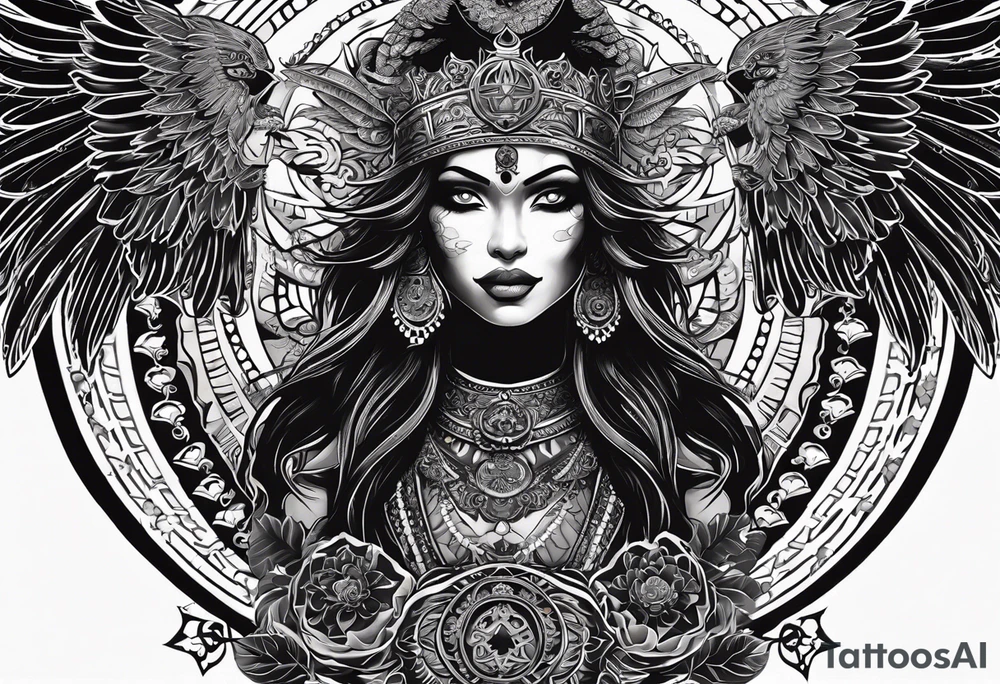 black kali, goddess pirate, alien, angel, pachamama, valkrye, warrior, flying, skull, lotus azul, wing, eagle, zenza resonance, stars, 5D, anahata chakra, death, durga, riding on a tiger, flying lady tattoo idea