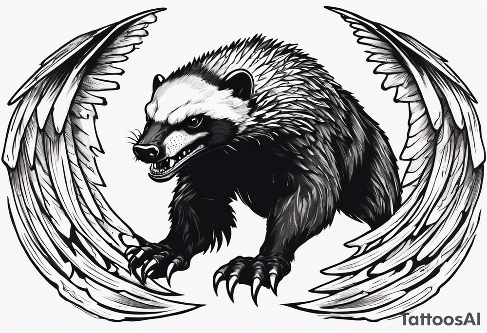 Angry, snarling, detailed forward-facing honey badger against the background of large wings made of bones tattoo idea
