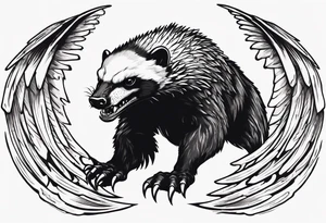 Angry, snarling, detailed forward-facing honey badger against the background of large wings made of bones tattoo idea