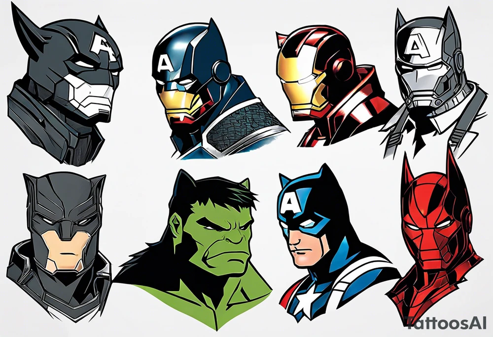 I want to change Avengers Team characters with animals. Hulk will be Badger, Thor will be Alpha Grey Wolf, Captain America will be Bull, Iron Man will be Canary, Black Widow will be Axolotl, Hawk Eye will be Sudan Plated Lizard and Nick Fury will be Cat. tattoo idea