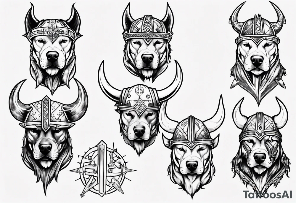 Pitbull wearing a viking helmet tattoo idea