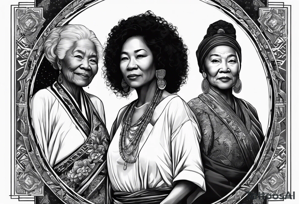 three  people side by side. a really really young black Daughter on the left, a white mother in the middle, really really old asian grandmother on the right. greater age difference, in an artfully decorated frame tattoo idea