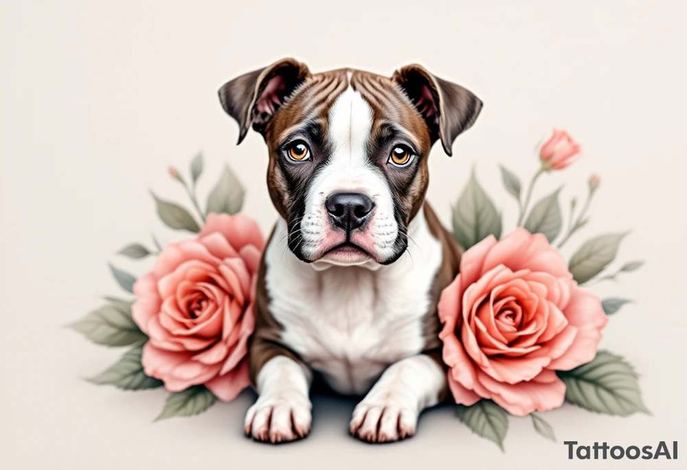 Brown and white pitbull with kind eyes, sitting calmly, surrounded by roses in muted red and soft green leaves, gentle realism. tattoo idea