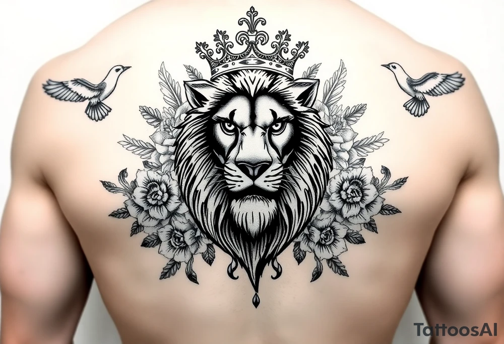 powerful majestic lion with a crown, surrounded by floral ornaments and birds tattoo idea