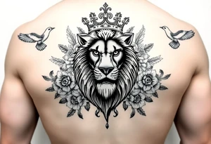 powerful majestic lion with a crown, surrounded by floral ornaments and birds tattoo idea