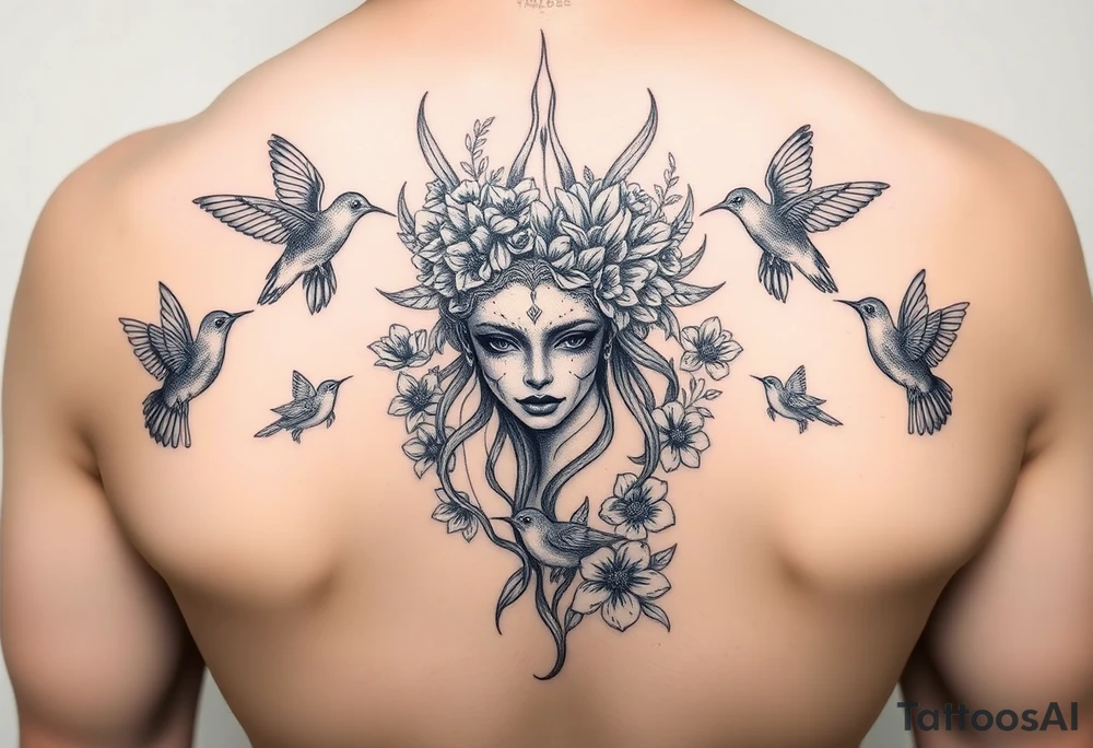 feminine medusa head surrounded by hummingbirds and flowers tattoo idea
