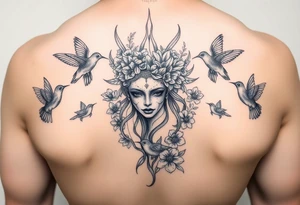 feminine medusa head surrounded by hummingbirds and flowers tattoo idea