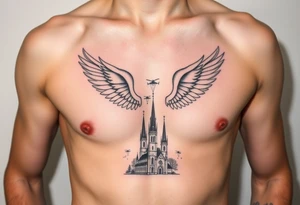 tattoo only  n the left side of the chest, paratrooper wings in the clouds with helicopters and paratroopers on their feet and below the church of cyril and methodius from prague tattoo idea