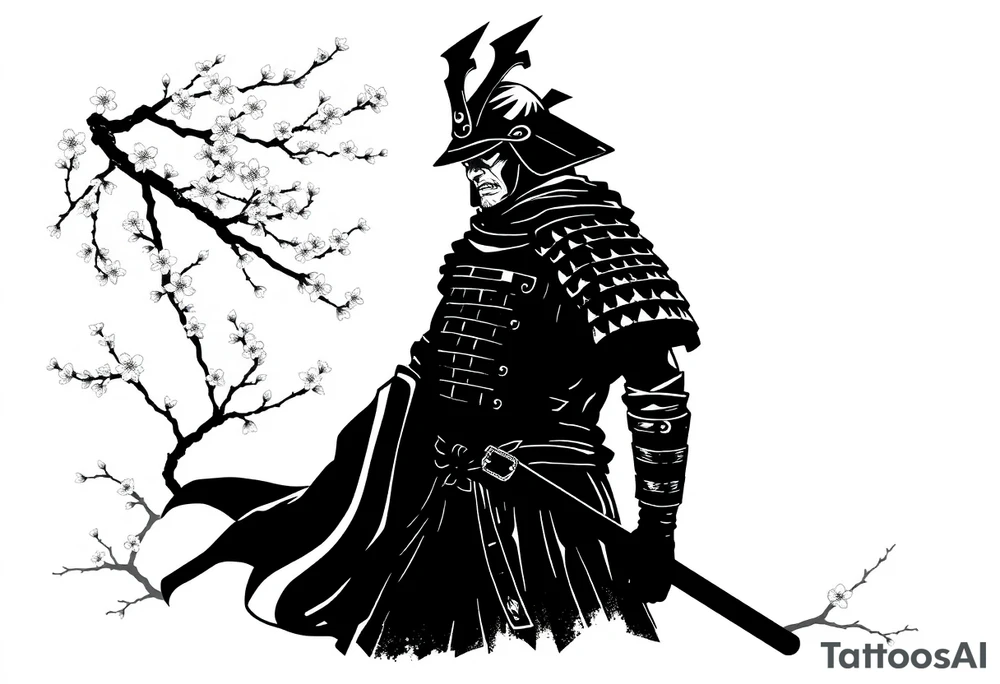 noble samurai warrior silhouette at sunset with cherry blossoms tattoo idea