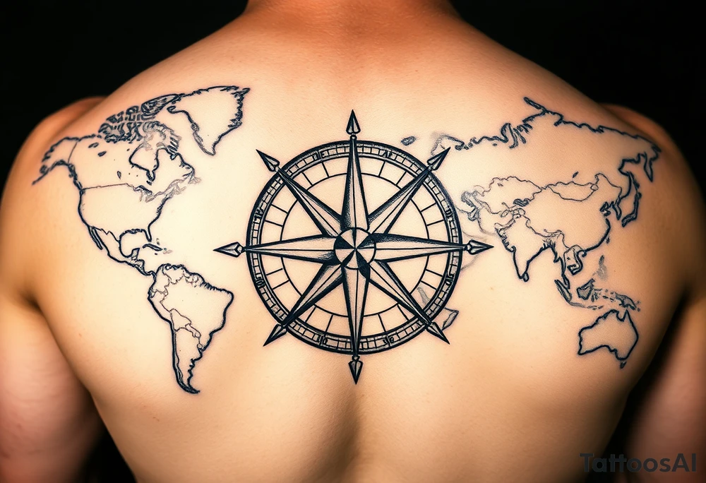 antique compass rose overlaid on weathered world map with sailing ships tattoo idea