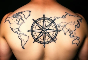 antique compass rose overlaid on weathered world map with sailing ships tattoo idea