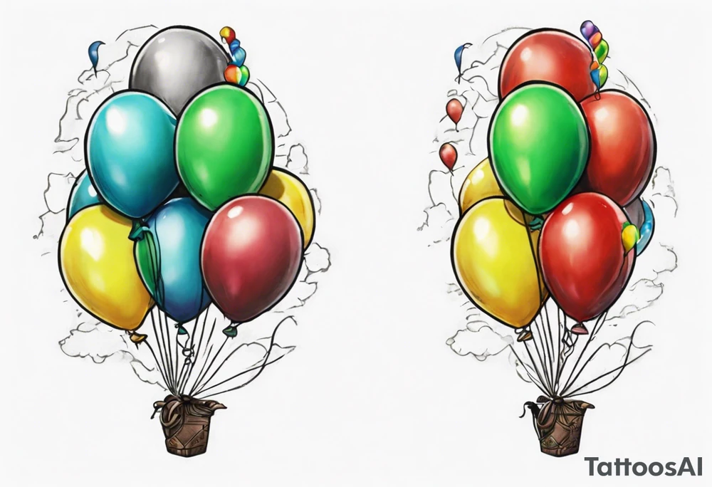 piton real with colored ballons from movie up! aside and a green gem on the other side tattoo idea