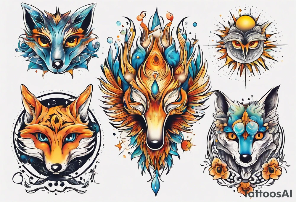 fisch, fuchs und eule , symetrie  sonne, universum, bunt tattoo idea