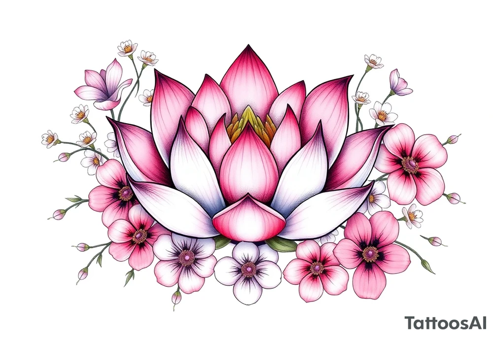 Lotus flower surrounded by forget me nots and peonies tattoo idea