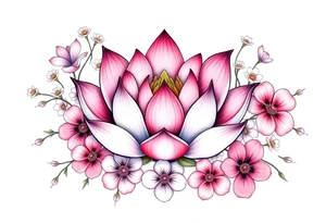 Lotus flower surrounded by forget me nots and peonies tattoo idea