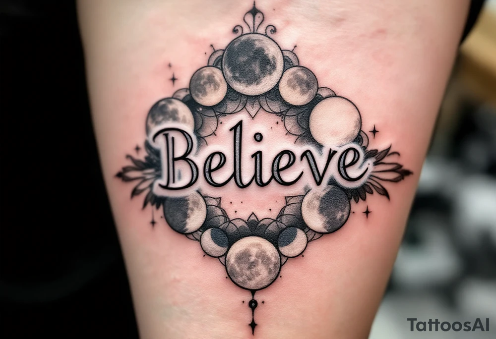 The word "Believe" in gray, with moon phases in the background, conveying the cyclical nature of life and faith in change. tattoo idea