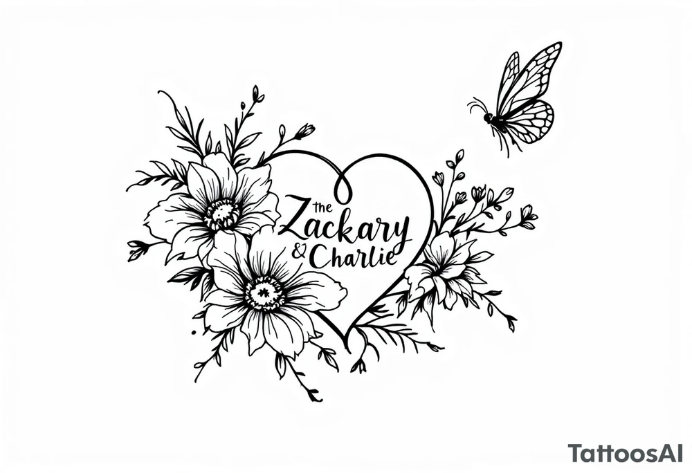 Flowers, heart and buttherfly with name Zackary and Charlie tattoo idea