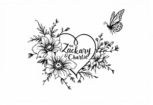 Flowers, heart and buttherfly with name Zackary and Charlie tattoo idea