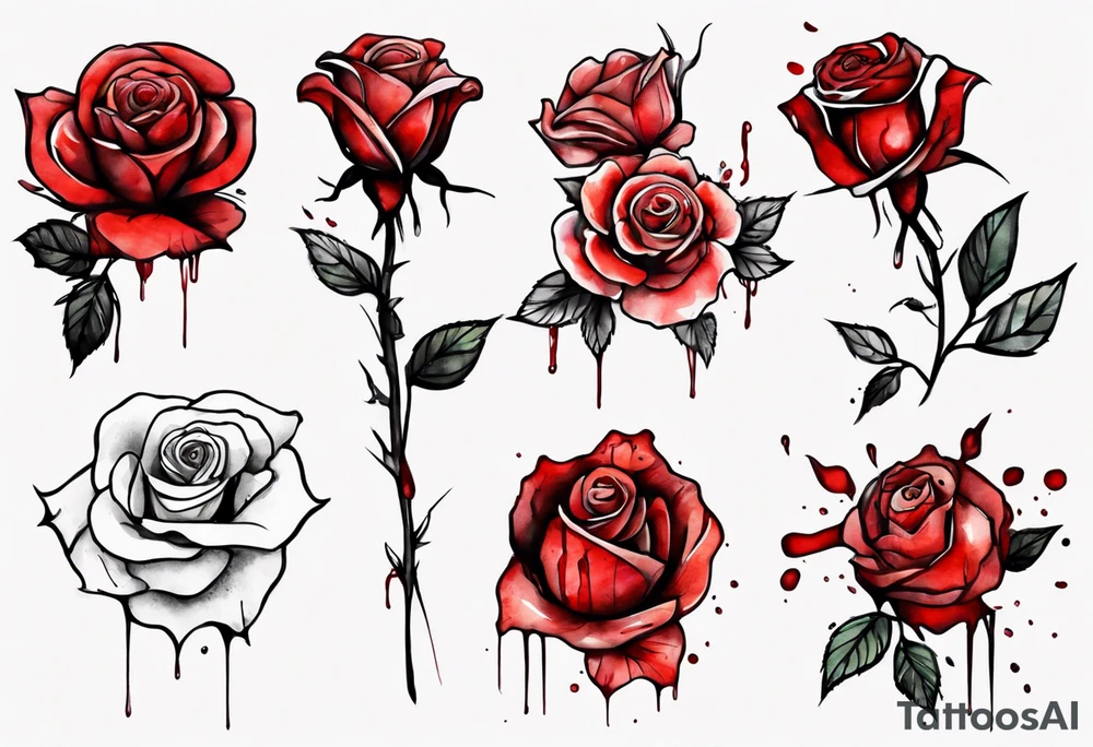 rose flower, one line, red blood dripping from the flower, tall, watercolor, with a cross in the stem tattoo idea